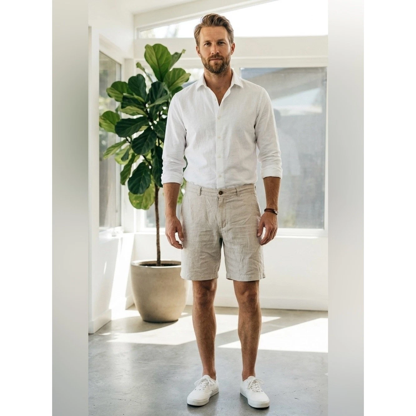 TAYLOR STITCH Men's Linen Shorts Oatmeal Beige Cream Summer Flat Front