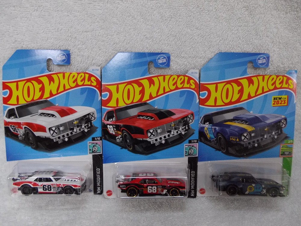 Hot Wheels Lot of 3 2023 New Model 68 Custom Camaro Race Car Red White Blue