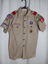 FL 1999 Vtg BOY SCOUTS OF AMERICA SHIRT Sz Youth Large,Tan Beige Uniform Patches