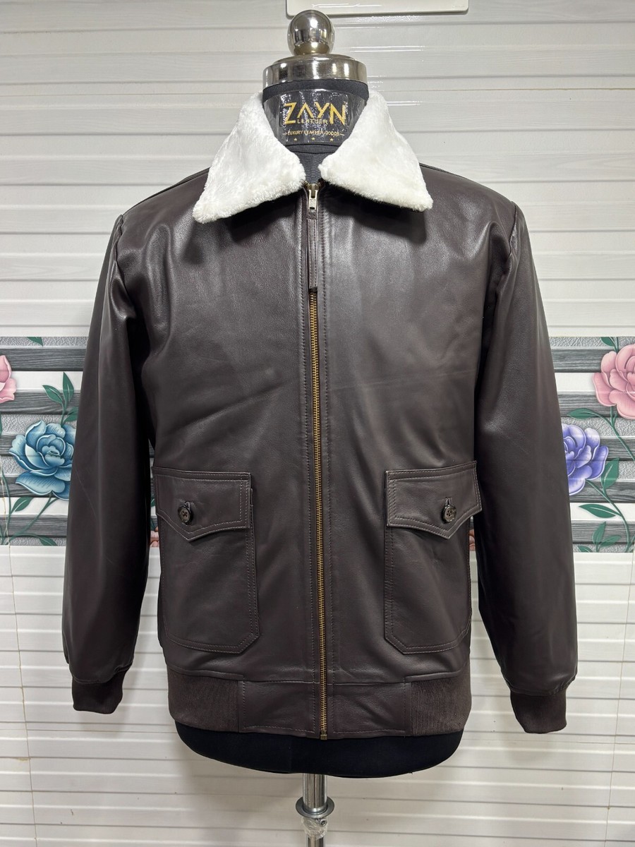Zayn Men's Real Leather Classic Bomber Jacket Faux Fur Collar