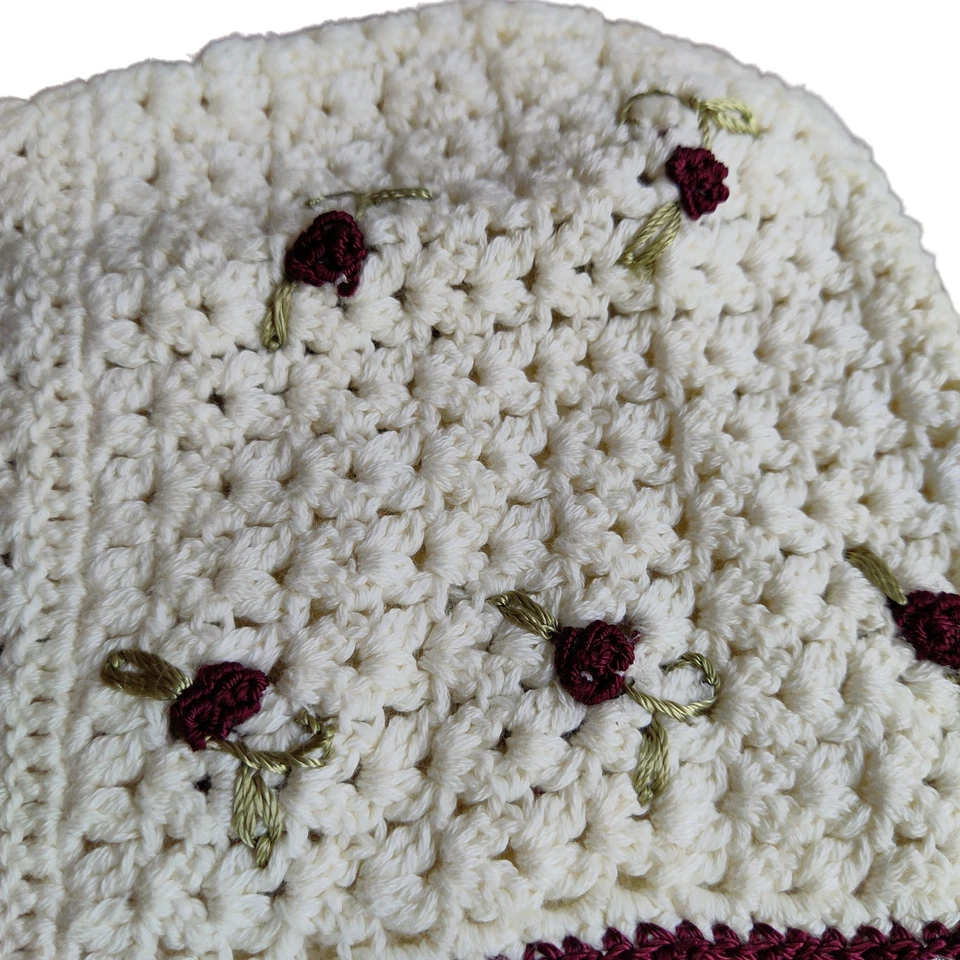 Vintage Handmade Crochet Baby Girl Rose Accent Burgundy White Tie Hat Cap Bonnet - Image 3 of 4