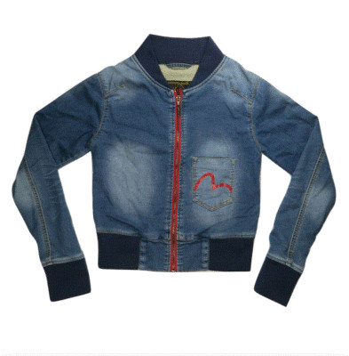 EVISU Womens Denim Jacket M Stretch Cotton Japan Logo Distressed Casual Trendy