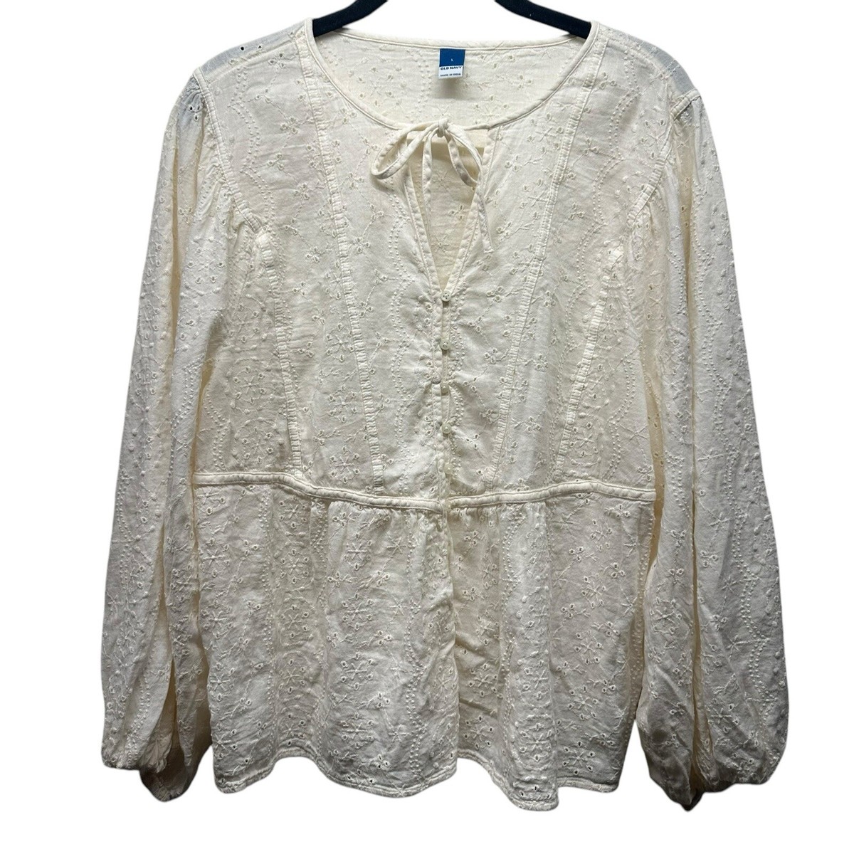 Old Navy Top Womens Large Ivory Eyelet Embroidered Button Up Peasant  Cottagecore
