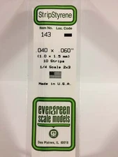 Evergreen Scale Models Styrene Strip .040in Thick 14in Long; pkg(10) x .060i 143