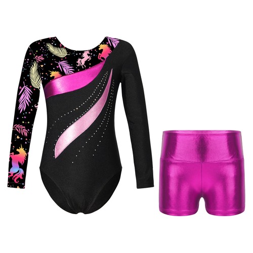 Kids Girl's Dance Leotards Athletic Jumpsuit With Bottoms Fitness Rompers Team - Picture 50 of 61