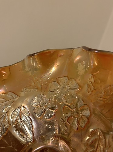 Antique Dugan Dogwood Sprays 9” Marigold Carnival Glass Ruffled Dome Footed Bowl - Picture 15 of 15