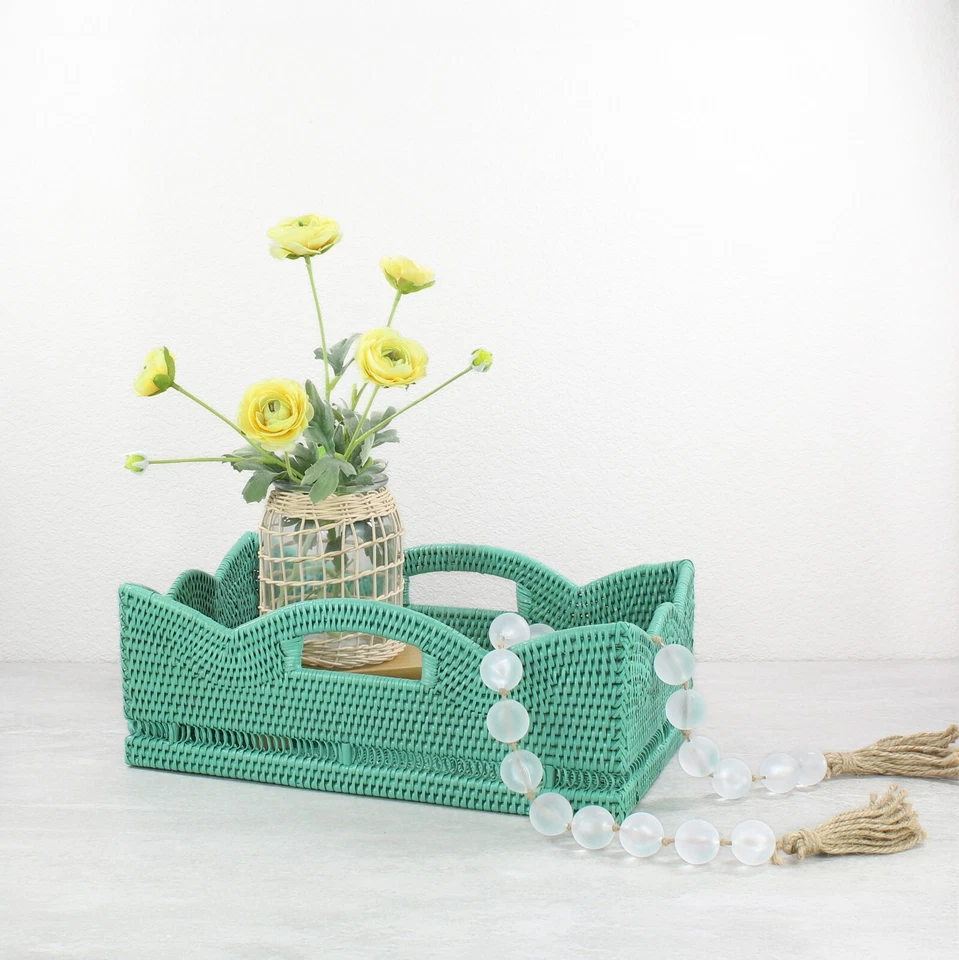 Tight Woven Scalloped Rattan Tray with Handles, Luxury Home Decor, Turquoise - Image 3 of 4
