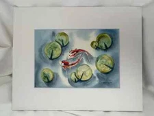 Pair of Koi in Pond Original Hand Painted Watercolor Painting 5x7 Matted 8x10