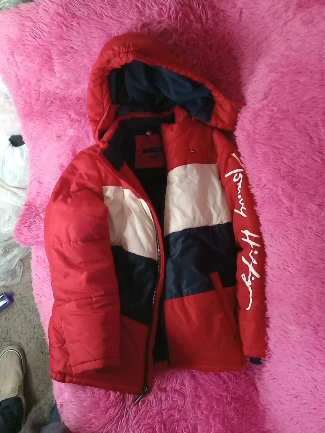 Tommy Hilfiger Mens Hooded Colorblock Puffer Jacket Size XL Red,blue,white