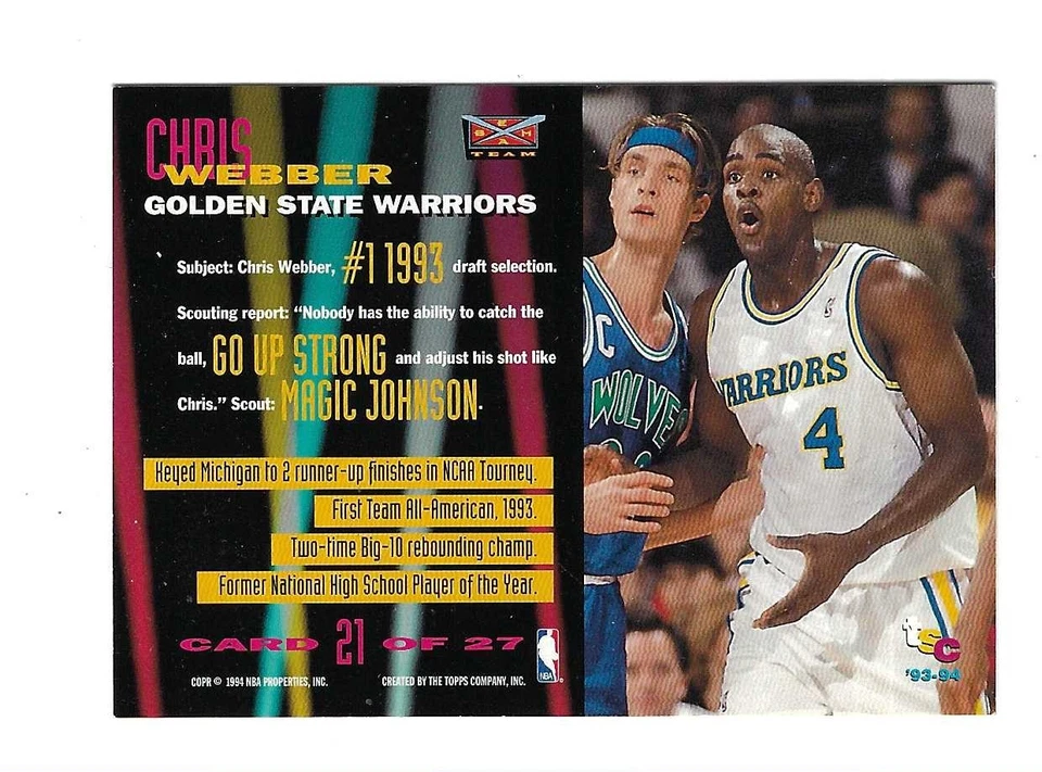 CHRIS WEBBER 1993-94 TOPPS STADIUM CLUB " BEAM TEAM " ROOKIE RC #21 $30.00 - Image 2 of 2