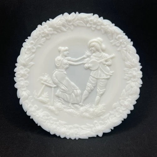 Vintage White Milk Glass Plate With Man Woman & Floral Design Decorative Plate