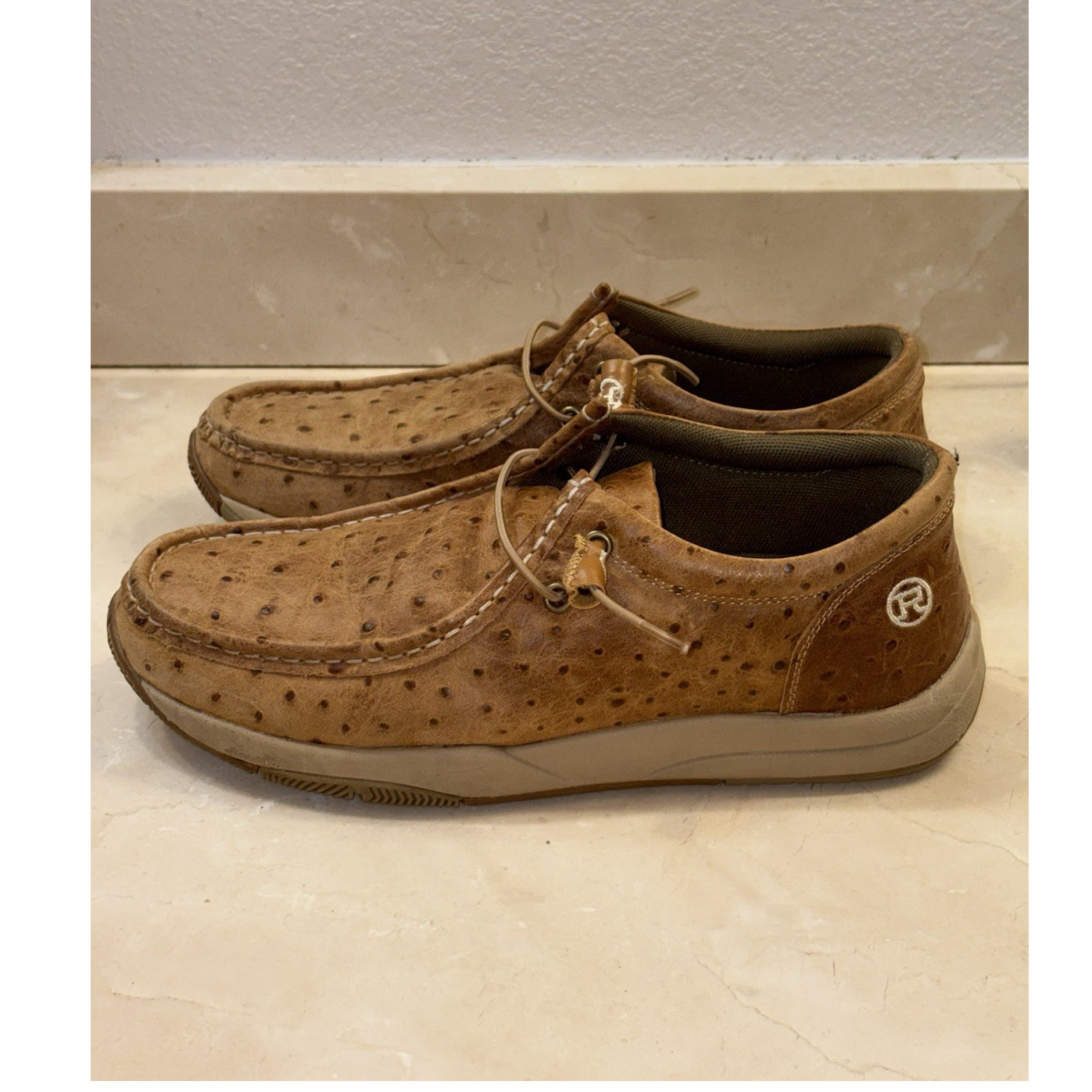 Roper Brown Leather Men's Moccasin Ostrich Print Lace Up Casual Shoes US 9.5