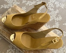 Jimmy Choo Praise Cork Patent Leather Yellow Platform Slingback Wedge S 38.5