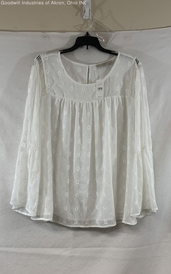 Loft Women's White Floral Embroidered Eyelet Split Neck Blouse Size L NWT