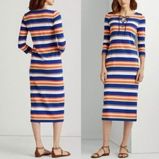 Ralph Lauren Womens Blue Striped 3/4 Sleeve Tea-Length Shift Dress Plus XXL