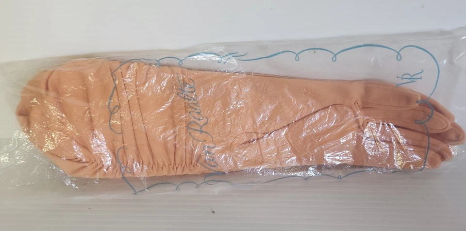 "Guantes largos acanalados de nailon melocotón Van Raalte vintage nuevos con etiquetas 14""" Foto 3 de 4