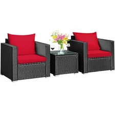 Patiojoy 3PCS Patio Rattan Wicker Furniture Set Sofa Table W/Cushion Yard Red