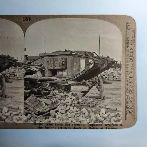 WW1 Military Stereoview C1916 Real Photo France British Tank Baupaume Ruins
