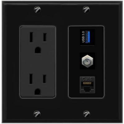 [3 Ports] CAT6 COAX USB-3 Black Wall Plate with 15A Power Outlet