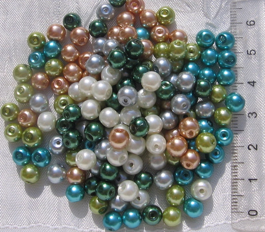 MIX 150 PERLES 6MM VERRE NACRE RENAISSANCE VERT GRIS TURQUOISE CREME MARRON*RU28