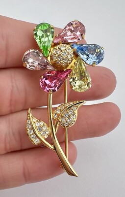 Joan Rivers Signed Multi Color Rhinestone Flower Movable Spinner Pin Brooch