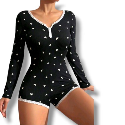 Pijama Monos Sexy Para Mujer Dibujos De Corazones  Pequeños  De Manga Larga 
