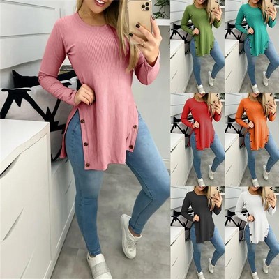 Pit strip solid color round neck slit button long sleeve T-shirt