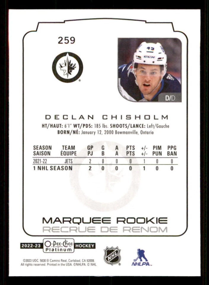 2022-23 O-Pee-Chee Platinum #259 Declan Chisholm RC - Image 2 of 2