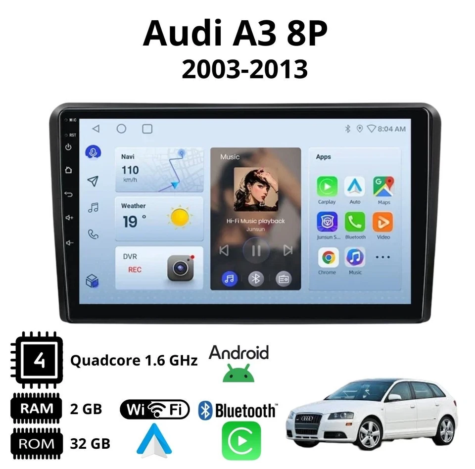 Autoradio Android 13 9” per Audi A3 8P (2003–2012) – GPS Navigatore, CarPlay - Immagine 2 di 4