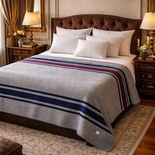 Vintage Faribault Woolen Mill 100 Wool Blanket 74x102 Gray Navy Red Stripe USA