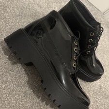 Image of Timberland Stone Street Mid Lace Black Patent Boots Women's Size 7