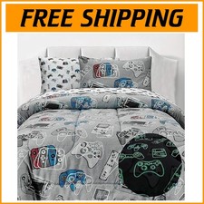 Twin Gamer Glow in the Dark Comforter Set with Game Controllers - 5 Pieces