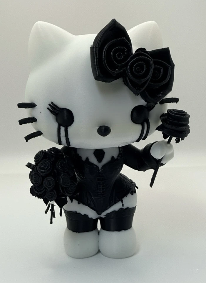 3D Printed Gothic Hello Kitty Figure Model Emo With Black Roses & Bow Decoration - Image 2 of 4
