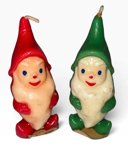 Vintage Gurley Christmas Elf Gnome Candles Pair Red Green 1950s 13 Cent Label - product listing photo