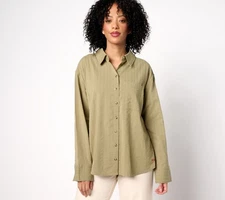 Peace Love World Graphic Back Seersucker Button Front Top Light Olive M New