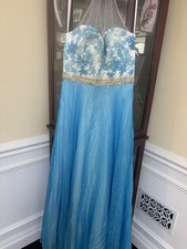Blue White Mesh Satin Beaded Floral Halter Neck Formal Gown with Glitter Accents
