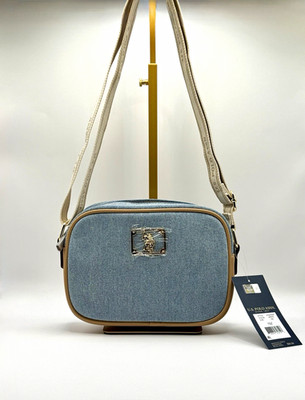 US Polo Assn. Blue Small Crossbody Bag Beige Detachable Strap Zip Logo Gold