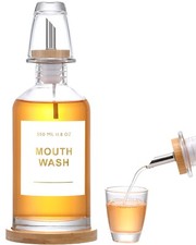 11.8OZ Glass Mouthwash Dispenser for Bathroom with Stainless Steel  Bamboo
