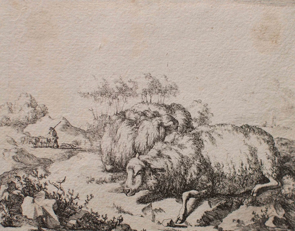 Marcus de Bye Schafe Pastorale Szene niederländisch Tiermalerei Kupferstich 1790 - Bild 4 von 4