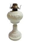 Antique Victorian Embossed Flowers Leaves White Milk Glass Oil Lamp 12" *READ