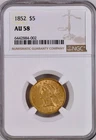 1852 $5 Gold Liberty Head Coin, NGC AU-58, Philadelphia Mint.