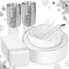 Supernal 200pcs Silver Plastic Dinnerware Sets for 25 Guests included Silver Sil