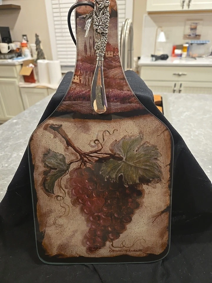 Glass Cutting Board With Grapes & Silver Spreader, 14.5"L