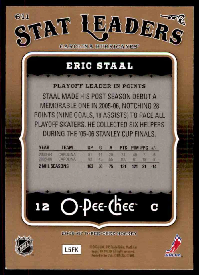 2006-07 O-PEE-CHEE STAT LEADERS SP ERIC STAAL CAROLINA HURRICANES #611 - Image 2 of 2