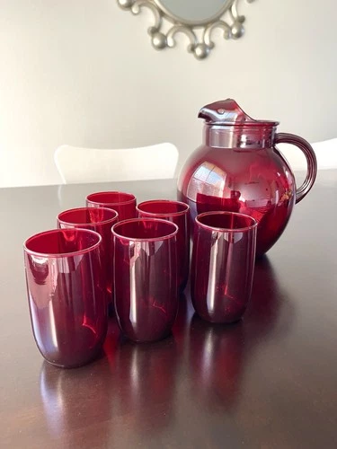 Vintage Anchor Hocking Roly Poly Royal Ruby Pitcher 7 pc Juice Set