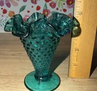 Vintage Fenton Glass Colonial Blue Hobnail 4'' Ruffled Trumped Vase