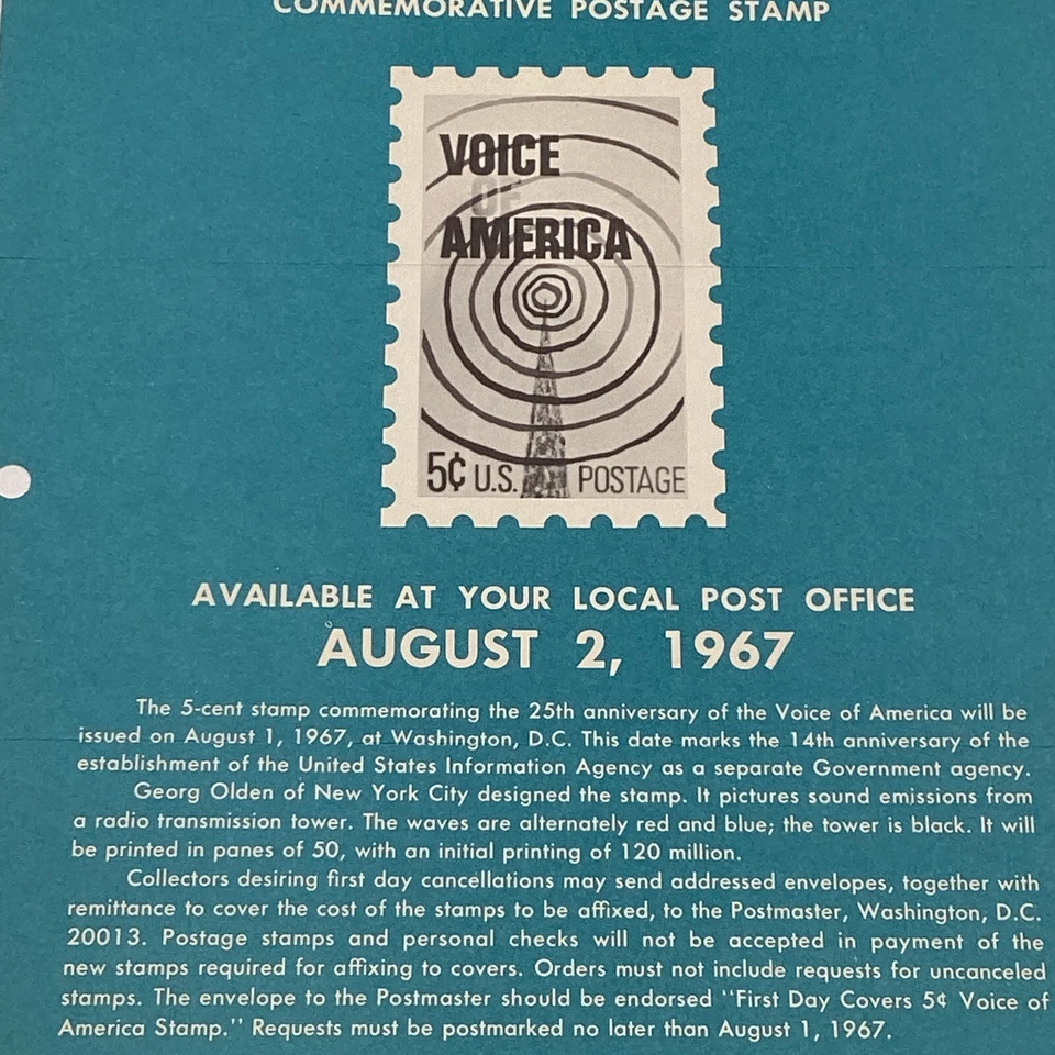 1967 5¢ Information Agency Voice Of America Commemorative Postage Stamp FDC Ad - Image 3 of 4