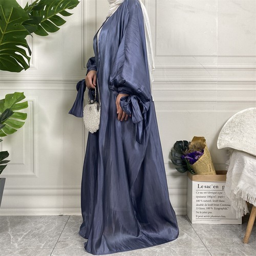 Open Front Satin Robe Women Muslim Cardigan Long Dress Abaya KImono Ramadan Gown - Picture 21 of 76