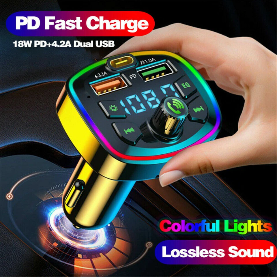 Car Bluetooth 5.0 FM Transmitter Dual USB TypeC Charger Mp3 Player LED Backlight - Image 2 of 4