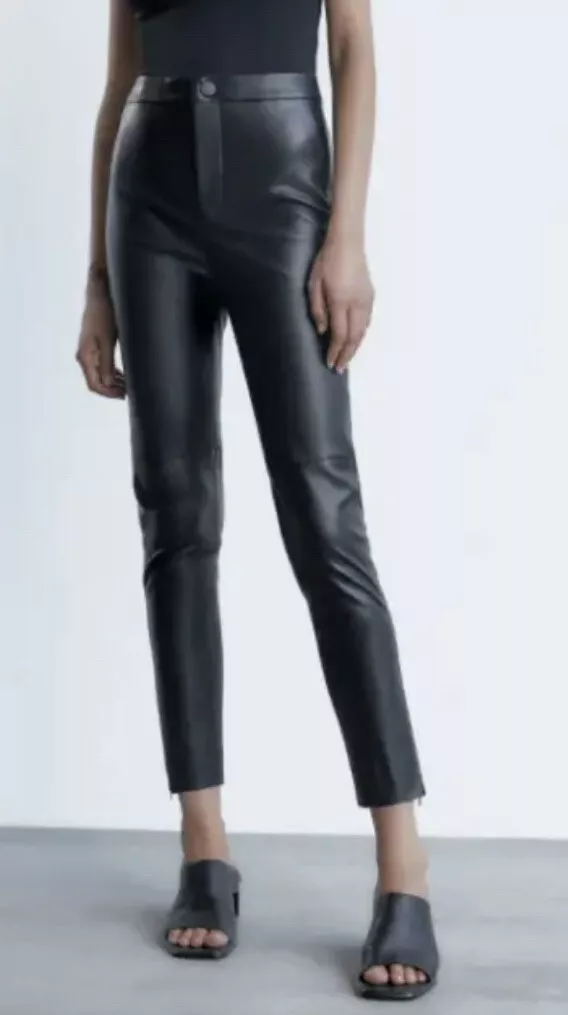 ZARA WOMAN FAUX LEATHER Pants XXL Black HIGH-WAISTED LEGGINGS ANKLE ZIPPER  NWOT